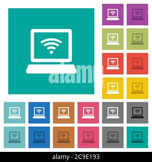 Laptop computer with wireless symbol multi colored flat icons on plain square backgrounds. Included white and darker icon variations for hover or acti Stock Vector