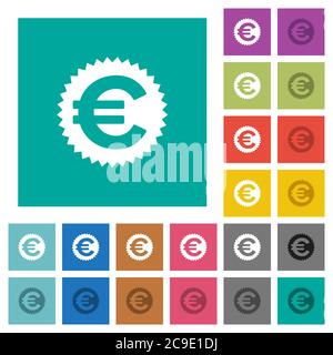 Euro sticker multi colored flat icons on plain square backgrounds. Included white and darker icon variations for hover or active effects. Stock Vector