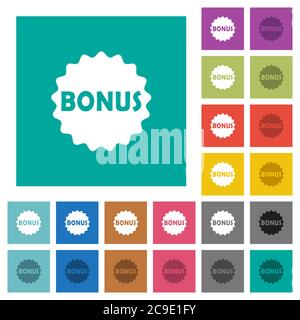 Bonus sticker multi colored flat icons on plain square backgrounds. Included white and darker icon variations for hover or active effects. Stock Vector