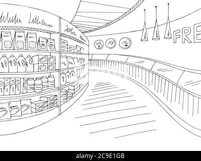 Grocery store shop interior black white graphic sketch illustration vector Stock Vector