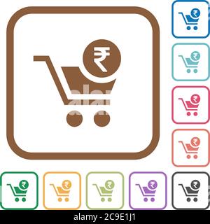 Checkout with Rupee cart simple icons in color rounded square frames on white background Stock Vector