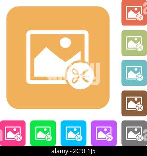 Cut image flat icons on rounded square vivid color backgrounds. Stock Vector