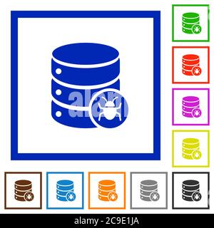 Database bug flat color icons in square frames on white background Stock Vector