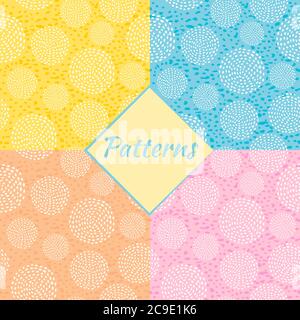 Seamless pattern circles from white dots freehand, round spots on a light blue, yellow, pink, coral color background. Abstract drawing. Stock Vector