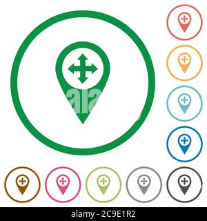 Move GPS map location flat color icons in round outlines on white background Stock Vector