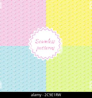 Seamless patterns of geometric shapes, scales, fan. Background texture of pink, yellow, blue, light green flowers for wrapping paper, printing. Stock Vector