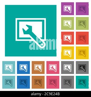 Screen settings multi colored flat icons on plain square backgrounds. Included white and darker icon variations for hover or active effects. Stock Vector
