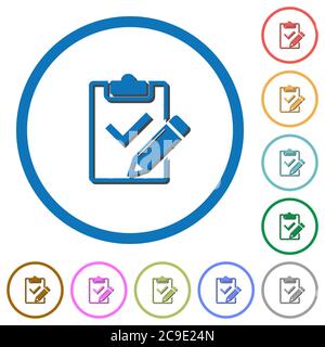 Fill out checklist flat color vector icons with shadows in round outlines on white background Stock Vector