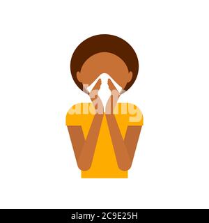 Use a napkin when coughing or sneezing. African American woman blowing nose in paper tissue. Cover your nose and mouth. Infectious disease prevention. Stock Vector