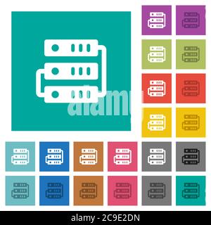 Servers multi colored flat icons on plain square backgrounds. Included white and darker icon variations for hover or active effects. Stock Vector