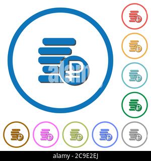 Ruble coins flat color vector icons with shadows in round outlines on white background Stock Vector