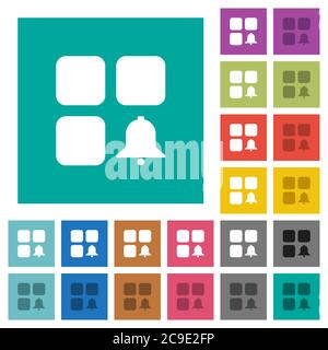 Component alert multi colored flat icons on plain square backgrounds. Included white and darker icon variations for hover or active effects. Stock Vector