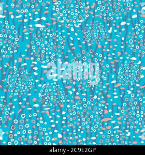 Seamless pattern circles from white dots freehand, round spots on a light blue background. Abstract drawing. Stock Vector