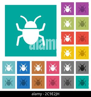 Bug multi colored flat icons on plain square backgrounds. Included white and darker icon variations for hover or active effects. Stock Vector