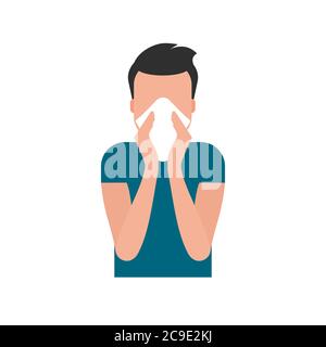 Young man blowing his nose in paper tissue. Cover your sneeze or cough with napkin. Coronavirus protection. Infectious disease prevention. Stop COVID Stock Vector
