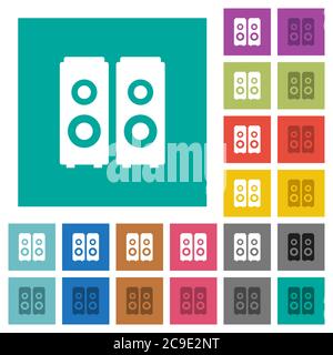 Speakers multi colored flat icons on plain square backgrounds. Included white and darker icon variations for hover or active effects. Stock Vector