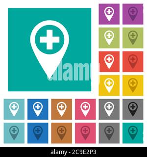 Add new GPS map location multi colored flat icons on plain square backgrounds. Included white and darker icon variations for hover or active effects. Stock Vector