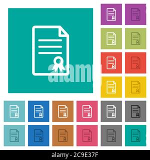 Certificate document multi colored flat icons on plain square backgrounds. Included white and darker icon variations for hover or active effects. Stock Vector