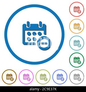 Remove event from calendar flat color vector icons with shadows in round outlines on white background Stock Vector