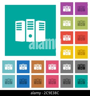 Server hosting multi colored flat icons on plain square backgrounds. Included white and darker icon variations for hover or active effects. Stock Vector