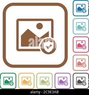 Protected image simple icons in color rounded square frames on white background Stock Vector