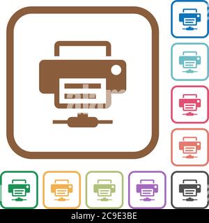 Network printer simple icons in color rounded square frames on white background Stock Vector