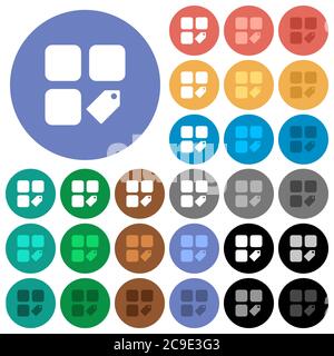 Tag component multi colored flat icons on round backgrounds. Included white, light and dark icon variations for hover and active status effects, and b Stock Vector