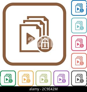 Unlock playlist simple icons in color rounded square frames on white background Stock Vector