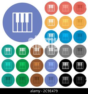 Piano keyboard multi colored flat icons on round backgrounds. Included white, light and dark icon variations for hover and active status effects, and Stock Vector