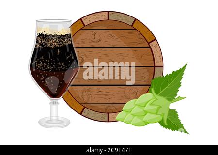 Glass of dark beer, wooden barrel and hop isolated on white background. Logotype for Oktoberfest beer festival or brewery. Stock vector illustration Stock Vector