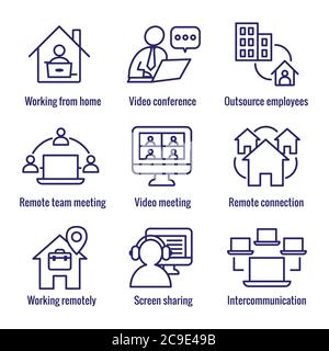 Remote work icon set - work from home, video meetings, etc Stock Vector