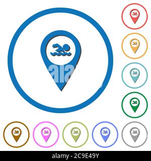 Swimming pool GPS map location flat color vector icons with shadows in round outlines on white background Stock Vector