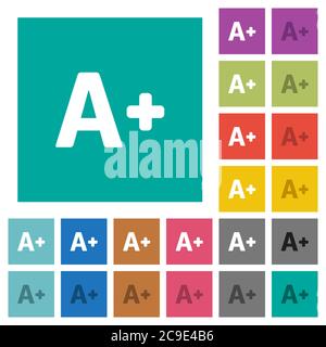Increase font size multi colored flat icons on plain square backgrounds. Included white and darker icon variations for hover or active effects. Stock Vector