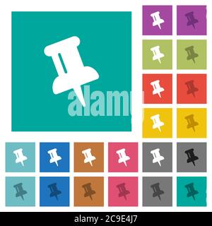 Push pin multi colored flat icons on plain square backgrounds. Included white and darker icon variations for hover or active effects. Stock Vector