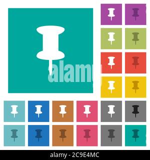 Push pin multi colored flat icons on plain square backgrounds. Included white and darker icon variations for hover or active effects. Stock Vector