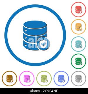 Database protected flat color vector icons with shadows in round outlines on white background Stock Vector