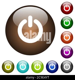 Power switch white icons on round color glass buttons Stock Vector