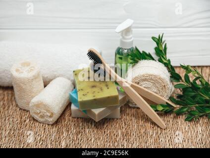 Different types of zero waste - sponges, toothbrush, handmade soap Stock Photo