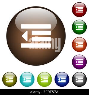 Decrease text indentation white icons on round color glass buttons Stock Vector
