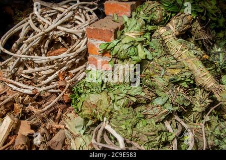 Herbal remedies and medicines for sale on the morning market in Bamako, the capital and largest city of Mali. Stock Photo