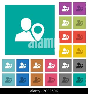 User location multi colored flat icons on plain square backgrounds. Included white and darker icon variations for hover or active effects. Stock Vector