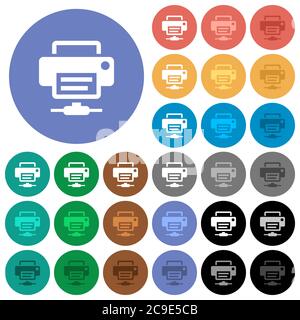 Network printer multi colored flat icons on round backgrounds. Included white, light and dark icon variations for hover and active status effects, and Stock Vector