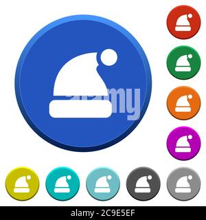 Santa hat round color beveled buttons with smooth surfaces and flat white icons Stock Vector