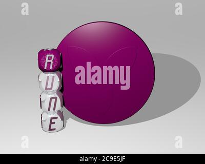 3D representation of rune with icon on the wall and text arranged by metallic cubic letters on a mirror floor for concept meaning and slideshow presentation. illustration and ancient Stock Photo