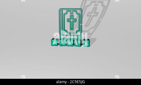 3D representation of bible with icon on the wall and text arranged by metallic cubic letters on a mirror floor for concept meaning and slideshow presentation. church and christian Stock Photo