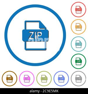 ZIP file format flat color vector icons with shadows in round outlines on white background Stock Vector