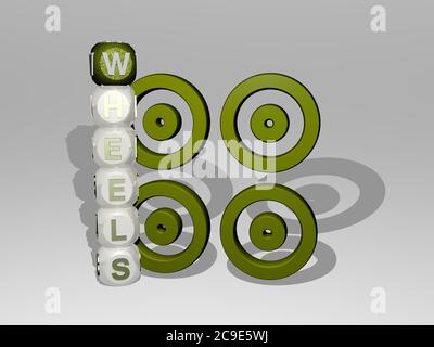 3D representation of WHEELS with icon on the wall and text arranged by metallic cubic letters on a mirror floor for concept meaning and slideshow presentation. illustration and background Stock Photo