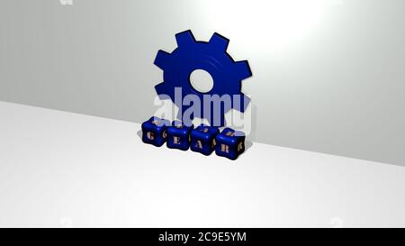 3D representation of GEAR with icon on the wall and text arranged by metallic cubic letters on a mirror floor for concept meaning and slideshow presentation. illustration and background Stock Photo