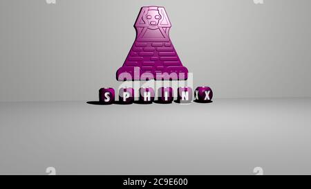 3D representation of SPHINX with icon on the wall and text arranged by metallic cubic letters on a mirror floor for concept meaning and slideshow presentation. egypt and ancient Stock Photo