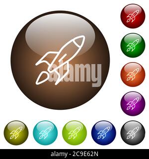 Launched rocket white icons on round color glass buttons Stock Vector